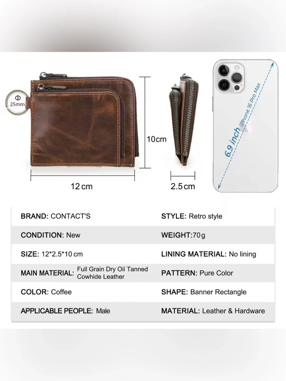 New Vintage Brown genuine Leather Zip Wallet with Keyring Accent